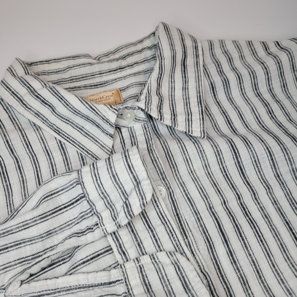 NorthCrest Striped Button Up Shirt Womens Plus 2X White Black Cotton 3/4 Sleeve